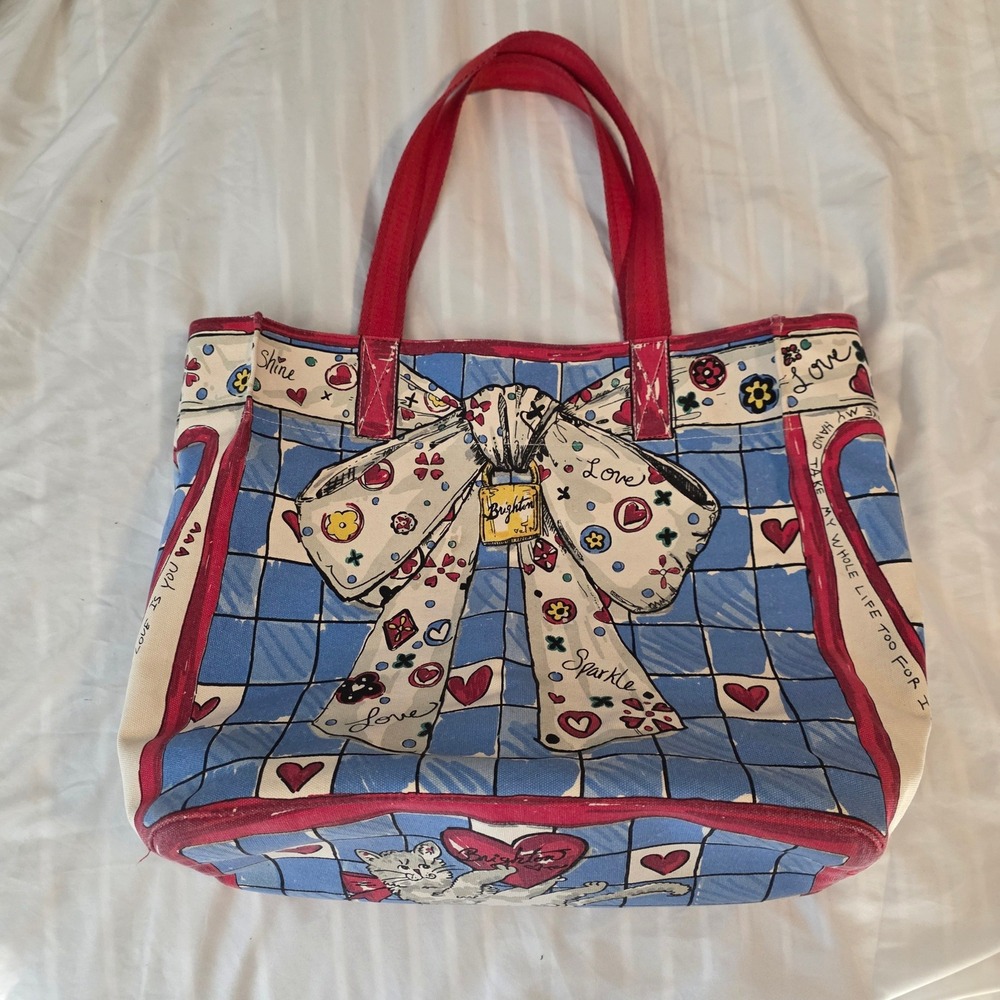 Brighton Womens Tote Bag Large Blue Red Heart Cat Canvas Whimsical Bow